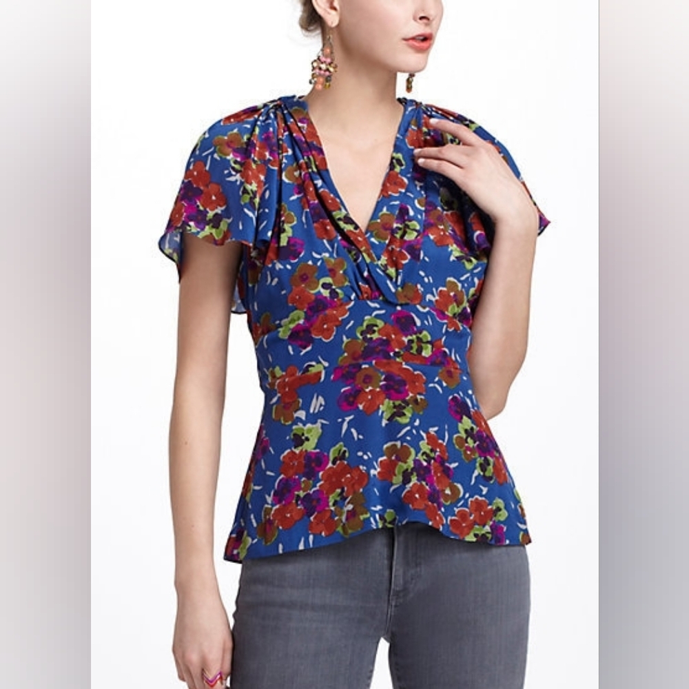 Anthropologie Girls From Savoy pure silk floral dayflower top 4
